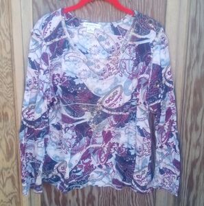 Liz Claiborne White And Purple Long Sleeve Thermal Blouse